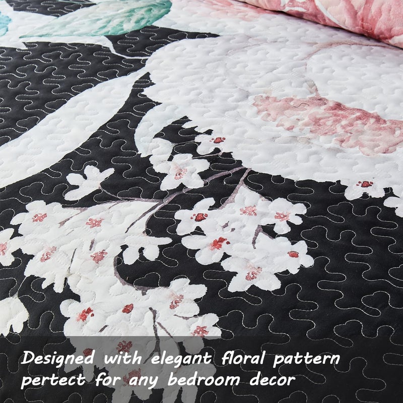 Yogeneg Full Queen Size Quilt Set  Pink Floral Botanical Pattern Black Bedding Set 3 Piece Lightweight Soft Summer Bedspread Coverlet with 2 PIillow Sham for All Season(Pink Floral 90""x96"") - Image 4